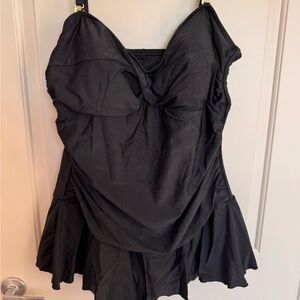 Black Draped One-Piece Swimdress with Sweetheart Neckline